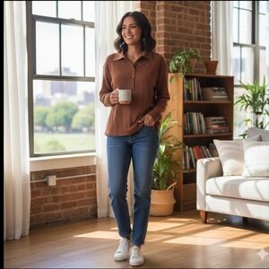 DOKOTOO Brown Textured Long Sleeve Polo Top Women's Size S New